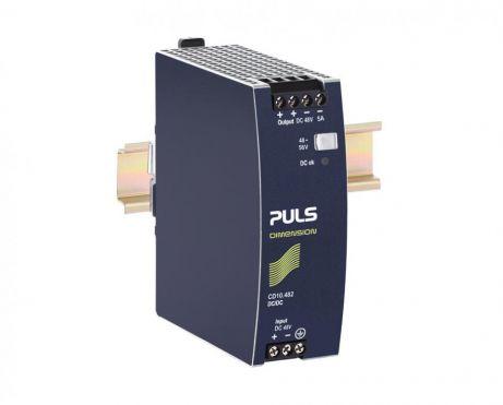 Puls CD10.482 PULS CD10.482 is a power supply unit designed for DIN rail mounting, featuring an aluminium housing. It operates within an ambient air temperature range of -25 to +70°C and supports a supply voltage range of 39Vdc to 57Vdc, with a nominal 48Vdc. The unit provides an adjustable output voltage of 48Vdc to 56Vdc, including a 250mV turn-ON overshoot, and offers a rated current of 6A at 48Vdc in temperatures up to 45°C, 5A up to 60°C, and 3.8A at 70°C, with a power derating from 60°C to 70°C. It features a net width of 42mm and dimensions of W42mm x H124mm x D117mm. The CD10.482 has a current consumption of 5.3A with a 48Vdc input/output at 5A, 7A with a 36Vdc input for the same output, and a peak inrush current of 10A, independent of temperature. It achieves an efficiency of 0.951 with a 48Vdc 5A input and 0.949 with a 6A input. The unit includes a 350ms start-up delay and a 50ms rise time under nominal input with a constant full current load. It offers protection against output overvoltage, short circuits with a continuous current of max. 7A, and allows for series or parallel operation for increased output power or redundancy. The power dissipation/losses are 12.4W for a 48Vdc input/output load at 5A and 6.7W at 2.5A. The output stage capacitance is 1650µF, with a ripple of 100mVpp across 20Hz to 20MHz at 50Ω. It features screw-clamp connections, is designed with galvanic isolation, and includes reverse polarity protection.