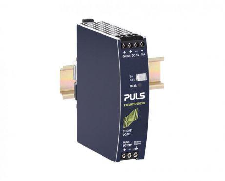 Puls CD5.051 PULS CD5.051 is a power supply unit designed for DIN rail mounting, featuring an aluminium housing with dimensions of W32mm x H124mm x D102mm. It operates within an ambient air temperature range of -25 to +70°C and has a net width of 32 mm. The unit consumes 2.6A current at a 24Vdc input for a full 5Vdc output at 10A, with a peak inrush current of 1.6A. It offers an efficiency of 0.815 at 5.1Vdc 10A input and is protected by an IP20 degree of protection. The CD5.051 includes a 420ms start-up delay, a 300ms rise time at nominal input with a constant full current load and 0mF load capacitance, and a 350ms rise time with an 8mF load capacitance. It features output overvoltage protection, overload protection, no-load and short-circuit protection with a short-circuit current of min. 12A to max. 20A, over-temperature protection with automatic restart, and allows for series/parallel operation for increased output power or redundancy. The unit is resistant to back-feeding loads up to 5.6V, includes reverse polarity protection, and has a power dissipation/loss of 11.5W at a 24Vdc input with a 5.1V output load at 10A. The output stage capacitance is 16000 µF, with a ripple of 50mVpp across 20Hz to 20MHz at 50Ω. It functions as a power supply unit or DC/DC-converter with a 20% power reserve, belonging to the CD-series and designed with galvanic isolation and screw-clamp connections. The supply voltage ranges from 18Vdc to 32.4Vdc (24Vdc nominal) and 14.4-18Vdc for a maximum of 60 seconds. It has a rated current of 12A at 5Vdc from -25 to +45°C and 10A at 5Vdc from +45 to +60°C, with a derating of 1.25W from +60 to +70°C. The rated power is 60W at -25 to +45°C and 50W at -25 to +60°C, with an adjustable output voltage of 5Vdc to 5.5Vdc and a 250mV turn-ON overshoot. The hold time is 10ms at a 24Vdc input.