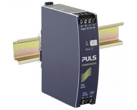 Puls CD5.121 PULS CD5.121 is a power supply unit designed for DIN rail mounting, featuring an aluminium housing. It operates within an ambient air temperature range of -25 to +70°C and has a current consumption of 4.6A with a 24Vdc input for a full 12Vdc output, and a peak inrush current of 1.6A. The unit boasts an efficiency of 0.882 under a 12Vdc 8A input and has dimensions of W32mm x H124mm x D102mm. It includes a 420ms start-up delay and a 210ms rise time under nominal input with a constant full current load. The CD5.121 offers protection functions such as output overvoltage protection, short-circuit current protection, and allows for series/parallel operation for increased output power or redundancy. It is resistant to back-feeding loads up to 16V and includes reverse polarity protection. Power dissipation/losses are 12.8W with a 24Vdc input and 12V output load at 8A, and the output stage capacitance is 6500µF. Its electrical durability is rated at 173000 hours at 40°C with a 4A output. The ripple is 75mVpp, and it features screw-clamp connections. The supply voltage ranges from 18Vdc to 32.4Vdc, with a rated current of 9.6A at 12Vdc up to 45°C and 8A at 12Vdc up to 60°C, including a derating above 60°C. The rated power is 116W in ambient temperatures less than 45°C and 96W in temperatures less than 60°C. The output voltage is adjustable between 12Vdc and 15Vdc, with a 500mV turn-ON overshoot and a hold time of 7ms.