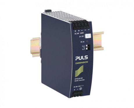 Puls CP10.241-60 PULS CP10.241-60 is a power supply unit designed for DIN rail mounting with an aluminium housing. It operates within an ambient air temperature range of -40 to +70°C and has a net width of 39 mm. The unit features a current consumption of 8A peak max. inrush at both 110Vdc and 96Vdc input. It boasts an efficiency of 0.945 at 110Vdc input and 0.943 at 960Vdc input, with dimensions of W39mm x H124mm x D117mm. The CP10.241-60 has a time delay of 600-700ms for start-up and a rise time of 45ms to 90ms depending on the load capacitance. It includes protection functions such as output overvoltage protection and overload/short-circuit protection, with the capability for series or parallel operation for increased output voltages or power. The unit is resistant to back-feeding loads up to 35V. Power dissipation/losses are 11.6 W and 12.1 W for 110Vdc and 96Vdc inputs, respectively, at full output load. The output stage capacitance is 4400 µF. Electrical durability ranges from 112000 to 549000 hours depending on the operating conditions. The ripple is 50mVpp across a 20Hz to 20MHz range. This PSU/DC-DC Converter from the CP-series is designed for railway applications and features a DC-OK relay contact output, spring-clamp connections, and a supply voltage range of 67Vdc-154Vdc. It provides a rated current of 8.3A at 24Vdc, operates on a DC network, and offers a rated power of 200W. The output voltage is adjustable from 24Vdc to 28Vdc with a 200mV turn-ON overshoot, and it has a hold time of 34ms.