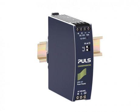 Puls CP5.121 PULS CP5.121 is a power supply unit designed for DIN rail mounting, featuring an aluminium housing and dimensions of W32mm x H124mm x D102mm. It operates within an ambient air temperature range of -25 to +70°C and has a net width of 32 mm. The unit offers a current consumption of 7A peak max inrush at both 230Vac and 120Vac inputs. Its efficiency rates are 0.94 at 230Vac input, 0.932 at 120Vac input, and 0.926 at 100Vac input. The CP5.121 provides a time delay of 350-400ms for start-up and a rise time of 30ms under nominal input with a constant full current load without load capacitance, and 50ms with 10mF load capacitance. It includes protection functions such as output overvoltage protection and overload/short-circuit protection, with the capability for series or parallel operation for increased output voltages or power. The unit is resistant to back-feeding loads up to 25V. Power dissipation/losses are 7.7W at full output load with 230Vac input and 8.8W with 120Vac input. The output stage capacitance is 2700 µF. Electrical durability varies with conditions, offering up to 839000 hours at 25°C with 5A output and 1AC 120Vac input. The ripple is 50mVpp across 20Hz to 20MHz at 50Ω. This AC/DC power supply unit, part of the CP-series, is designed with a 20% power reserve, DC-OK relay contact output, and screw-clamp connections. It supports a supply voltage range of 85Vac-264Vac for AC and 110Vdc-150Vdc for DC, with a rated current of 10A at 12Vdc, and provides an adjustable output voltage of 12Vdc-15Vdc. The hold time is 35ms at both 120/230Vac input.