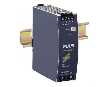 Puls CT5.241 PULS CT5.241 is a DIN rail mounting power supply unit with an aluminium housing, designed for an ambient air temperature range of -25 to +70°C. It features a net width of 40mm and dimensions of W40mm x H124mm x D117mm. The unit consumes 0.68A with a 480Vac input and 0.75A with a 400Vac input for a full 24Vdc output, with a peak inrush current of 10A at both 480Vac and 400Vac inputs. It boasts an efficiency of 0.9 at 480Vac input and 0.904 at 400Vac input. The CT5.241 offers a 75ms start-up delay and a rise time of 35-36ms under nominal input with a constant full current load and 0mF load capacitance, extending to 64-68ms with 5mF load capacitance. It includes protection functions such as output overvoltage protection and an active input inrush current limiter, with overload/short-circuit protection up to 13A continuous current. The unit supports series/parallel operation for increased output power and is resistant to back-feeding loads up to 35V. Power dissipation/losses are 13.3W and 12.7W for 480Vac and 400Vac inputs, respectively, under full output load. The output stage capacitance is 3800µF, and the electrical durability ranges from 72,000 to 526,000 hours depending on the operating conditions. The ripple is specified at 50mVpp (20Hz...20MHz; 50Ω). This AC/DC power supply unit/converter, part of the CT-series, is designed with a 20% power reserve and includes a DC-OK relay contact output. It features screw-clamp connections and accepts a wide range supply voltage of 323Vac-576Vac (2-phase input) with various shutdown voltages based on load conditions. The rated current is 6A at 24Vdc from -25 to +45°C and 3.75A at 24Vdc from -25 to +70°C, with a rated power of 120W. The output voltage is adjustable from 24Vdc to 28Vdc, with a hold time of 60ms at 480Vac input and 40ms at 400Vac input.