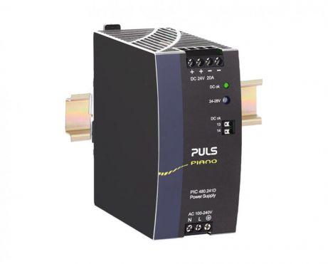 Puls PIC480.241D PULS PIC480.241D is a power supply unit designed for DIN rail mounting, featuring AC/DC conversion capabilities. It operates within an ambient air temperature range of -25 to +70°C and includes a DC-OK relay contact output for monitoring purposes. The unit provides a rated current of 10A at 48Vdc within a temperature range of -25 to +55°C, and 6.3A at 48Vdc at +70°C, with screw-clamp connections for installation. It supports a supply voltage range of 90Vac-264Vac across various nominal voltages (100Vac to 240Vac) at 47-63Hz, with specific input overvoltage and shutdown voltage parameters. The PIC-series unit measures 59mm in width, 124mm in height, and 127mm in depth, with an IP20 degree of protection and an aluminium housing. Designed for single-phase networks, it offers a rated power of 480W at -25 to +55°C, which derates linearly to 302.4W at +70°C. The output voltage is adjustable between 48Vdc and 56Vdc, with protection functions against overvoltage and overload/short-circuit conditions. It allows for series or parallel operation for increased output ampacity or redundancy, with a high efficiency of up to 0.957 at 230Vac input. The unit's current consumption, time delay, hold time, power dissipation/losses, electrical durability, ripple, and capacitance are specified to ensure optimal performance under various conditions.