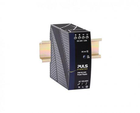 Puls PIM60.245 PULS PIM60.245 is a power supply unit that functions as an AC/DC PSU/converter with DIN rail mounting. It operates within an ambient air temperature range of -10 to +60°C with linear derating up to +70°C. The design includes a NEC Class 2 DC-OK relay contact output. It provides a rated current of 5A at 12Vdc from -10 to +60°C and 3.8A at 12Vdc at +70°C, utilizing screw-clamp connections. The supply voltage (AC) ranges from 90Vac to 264Vac for various nominal voltages and frequencies, with specific input overvoltage and turn-on/shutdown voltages detailed. Part of the PIM-series, it measures W36mm x H90mm x D91mm and has an IP20 degree of protection with a polycarbonate (PC) housing. Designed for single-phase networks, it offers a rated power of 60W at -10 to +60°C and 45.6W at +70°C, with an adjustable DC output voltage of 12Vdc to 15Vdc. Protection functions include output overvoltage and overload/short-circuit current protection, with specific resistance and current values provided. The unit is resistant to back-feeding loads up to 16V. Efficiency rates are noted for 230Vac and 120Vac inputs, alongside current consumption details for various input voltages and inrush current peaks. Time delay for start-up and rise, hold time, power dissipation/losses, and electrical durability at different conditions and temperatures are specified. Ripple and capacitance values are also provided, highlighting the unit's electrical characteristics.