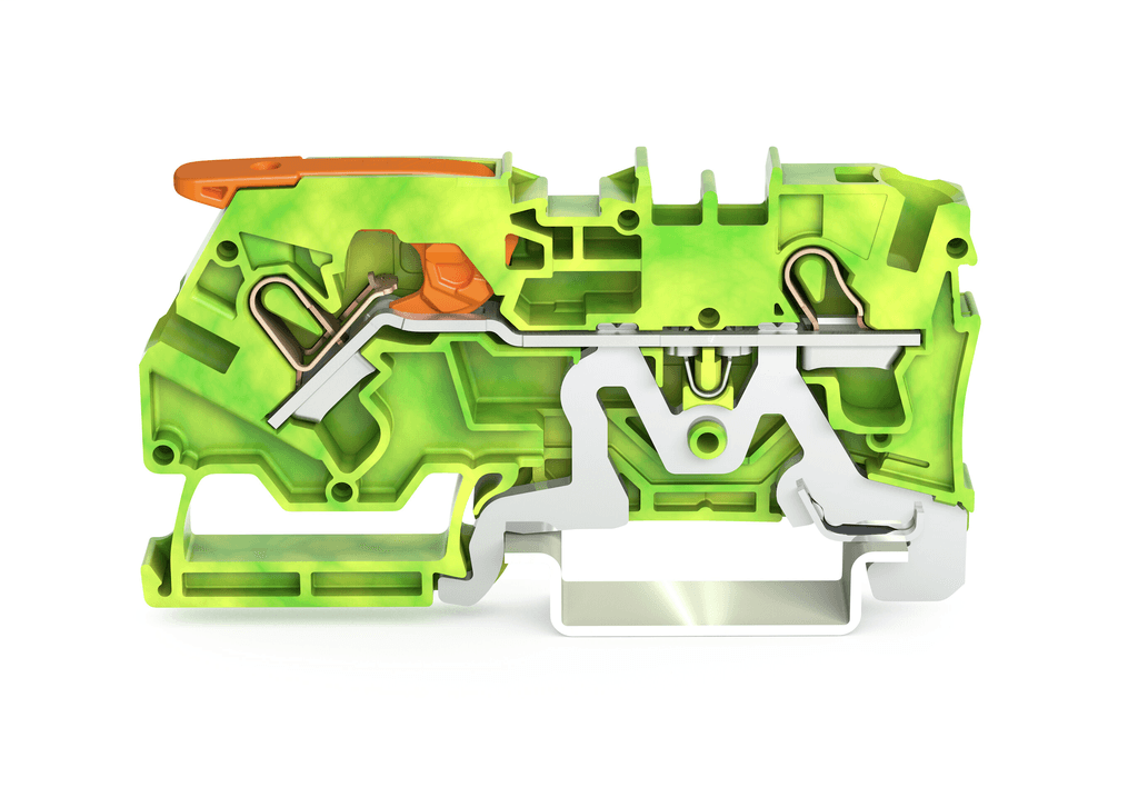 WAGO 2104-1207 2-conductor ground terminal block; with lever and Push-in CAGE CLAMP®; 4 mm²; with test port; side and center marking; for DIN-rail 35 x 15 and 35 x 7.5; Push-in CAGE CLAMP®; 4,00 mm²; green-yellow