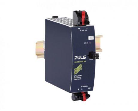 Puls CP20.241-R2 PULS CP20.241-R2 is a DIN rail mounting power supply unit housed in an aluminium casing, designed for a wide range of industrial applications. It operates within an ambient air temperature range of -40 to +70°C and offers a net width of 48mm. The unit consumes current differently based on the input voltage: 2.25A at 230Vac, 4.28A at 120Vac, 5.17A at 100Vac input for full output, and 4.64A at 110Vdc input for a 24Vdc / 10A output, with peak inrush currents of 5.5A at 230Vac and 12A at 120Vac. It boasts an efficiency of 0.952 at 230Vac input and 0.938 at 120Vac input. The dimensions are W48mm x H124mm x D127mm. The power supply features a 450ms start-up delay and a rise time of 145ms to 160ms under nominal input conditions. It includes protection functions such as output overvoltage protection and overload/short-circuit protection, with the capability for series or parallel operation for increased output voltages or power. The unit is resistant to back-feeding loads up to 35V. Power dissipation losses are 24.2W at 230Vac input and 31.7W at 120Vac input, with an output stage capacitance of 8000µF. Electrical durability ranges from 25,000 to 465,000 hours depending on the operating conditions. The ripple is specified at 100mVpp. This AC/DC power supply unit is part of the CP-series and is designed with built-in decoupling MOSFET for redundancy, hot-swappable connectors, and ATEX approval. It offers a 20% power reserve and features a DC-OK relay contact output. The connection type is hot-swappable connectors. Supply voltage ranges from 88Vdc to 180Vdc for DC and 85Vac to 264Vac for AC, with specific tolerances for overvoltage and shutdown voltages. The rated current is 24A at 48Vdc in temperatures up to +45°C, with derating at higher temperatures. It supports single-phase (1AC) or DC networks and provides a rated power of 576W at temperatures up to +45°C, with linear derating up to +70°C. The output voltage is fixed at 24Vdc, with a 1000mV turn-ON overshoot and a hold time of 32ms at 120/230Vac input.