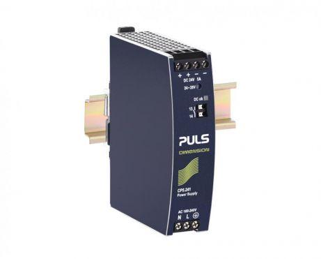 Puls CP5.242 PULS CP5.242 is a power supply unit designed for DIN rail mounting, featuring an aluminium housing and dimensions of W32mm x H124mm x D102mm. It operates within an ambient air temperature range of -25 to +70°C and has a net width of 32 mm. The unit offers a current consumption of 7A peak max. inrush at both 230Vac and 120Vac inputs. Efficiency rates are 0.943 at 230Vac input, 0.935 at 120Vac input, and 0.927 at 100Vac input. It includes a time delay of 380-420ms for start-up and rise times of 80ms and 100ms under specified conditions. The CP5.242 provides protection functions such as output overvoltage protection and overload/short-circuit protection, with the capability for series or parallel operation for increased output voltages or power. It is resistant to back-feeding loads up to 35V. Power dissipation/losses are 7.3 W and 8.2 W for 230Vac and 120Vac inputs at full output load, respectively. The output stage capacitance is 1800 µF. Electrical durability ranges from 96,000 to 775,000 hours under various conditions. Ripple is specified at 50mVpp. This AC/DC power supply unit, part of the CP-series, is designed with an enhanced DC input and a 20% power reserve, featuring a DC-OK relay contact output and screw-clamp connections. It supports a supply voltage range of 85Vac-264Vac for AC and 110Vdc-180Vdc for DC, with a rated current of 5A at 24Vdc, and offers an adjustable output voltage of 24Vdc-28Vdc. The unit is suitable for single-phase (1AC) or DC networks and provides a rated power of 120W, with a hold time of 35ms.