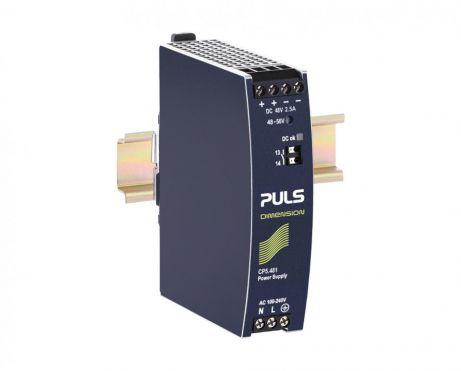 Puls CP5.481 PULS CP5.481 is a DIN rail mounting power supply unit with an aluminium housing, designed for a wide range of industrial applications. It operates within an ambient air temperature range of -10 to +70°C, with linear derating between +60 and +70°C. The unit consumes current at varying rates depending on the input voltage, including 0.61A at 230Vac, 1.09A at 120Vac, and 1.31A at 100Vac for full output, among other specified rates. It features an IP20 degree of protection and achieves an efficiency of up to 93.5% at 230Vac input. The dimensions are specified as 32mm in width, 124mm in height, and 102mm in depth. The CP5.481 includes a time delay for start-up and rise, with specific values provided for different conditions. It offers protection functions such as output overvoltage and overload/short-circuit protection, with the capability for series or parallel operation for increased output voltages or power. The unit is resistant to back-feeding loads up to 63V. Power dissipation losses are detailed for various input conditions, and the output stage capacitance is 750µF. Electrical durability is extensively detailed, highlighting operational hours under various conditions and temperatures. The ripple voltage is specified under different load conditions. This AC/DC power supply unit is part of the CP-series, designed with NEC Class 2, a 20% power reserve, and includes a DC-OK relay contact output. Connection is facilitated through screw-clamp connections. It supports a wide range of supply voltages both in AC and DC, with detailed specifications for rated current and power across different temperatures, and an adjustable output voltage range of 48-56Vdc. The hold time after power loss is also specified for different input conditions.