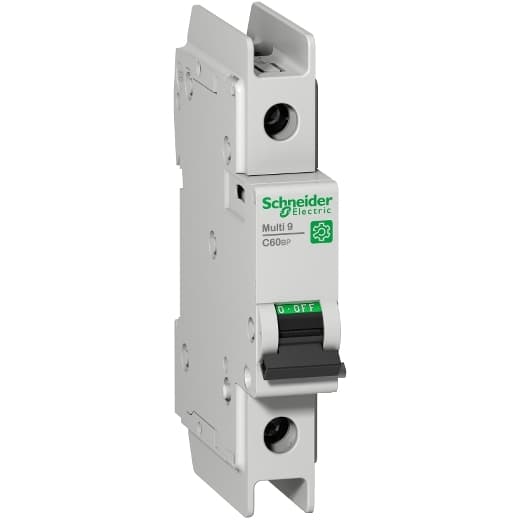 Schneider Electric M9F42170 Schneider Electric M9F42170 is a Miniature Circuit Breaker (MCB) within the C60BP sub-range, designed to comply with UL489 standards. It features a single pole configuration and is rated for a current of 0.5A. The MCB is equipped with a rated insulation voltage (Ui) of 500V, a DC rated voltage of 60Vdc, and an impulse voltage (Uimp) rating of 6kV. It offers a short circuit breaking rating of 14kA AIR at both 120Vac and 240Vac, and 10kA AIR at 277Vac and 60Vdc. The AC rated voltage is 240V phase-to-neutral and 415V phase-to-phase, with one protected pole. The tripping curve is classified as type C. M9F42170 on Powermatic Associates