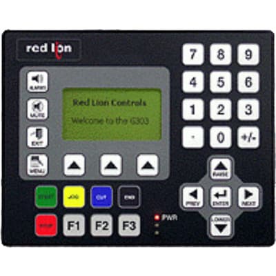 Red Lion G303S000 Red Lion G303S000 is an HMI / Display unit within the HMI G303 series, designed as an HMI operator touchscreen panel with soft keys suitable for both indoor and outdoor use. It features a variety of connection types including 1 x RJ45 port for Ethernet, 2 x RJ11 ports for RS-232, and 1 x RJ45 port for RS-422 / RS-485 communications. The device supports multiple communication protocols such as RS-232, RS-422, RS-485, and Ethernet. It operates on a supply voltage range of 19.2-28.8Vdc, specifically designed for 24Vdc systems. The G303S000 is built to function within an ambient air temperature range of 0 to +50°C and offers a high degree of protection with an IP66 and NEMA 4X rating. It comes equipped with a 4MB FLASH memory capacity and includes a Compact Flash (CF) slot for storage expansion. At its core, the device utilizes a 32-bit ColdFire CPU for processing. G303S000 on Powermatic Associates