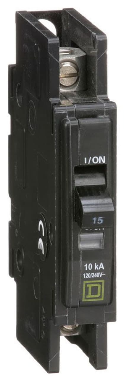 Schneider Electric QOU115 Square D by Schneider Electric QOU115 is a miniature circuit breaker (MCB) designed for unit mount installation. It features a rated current of 15A and accommodates slotted box lugs connections on both the load and line sides. This MCB is compatible with a cross-section of 14-2AWG for one aluminum or copper cable and is equipped with a single pole. It has a short circuit breaking rating of 10kA at 240Vac, 5kA at 277Vac, and 5kA at 48Vdc. The QOU115 operates with a rated voltage of 120V and 240V for AC circuits and 48Vdc for DC circuits. Its terminals are designed as box lugs. QOU115 on Powermatic Associates