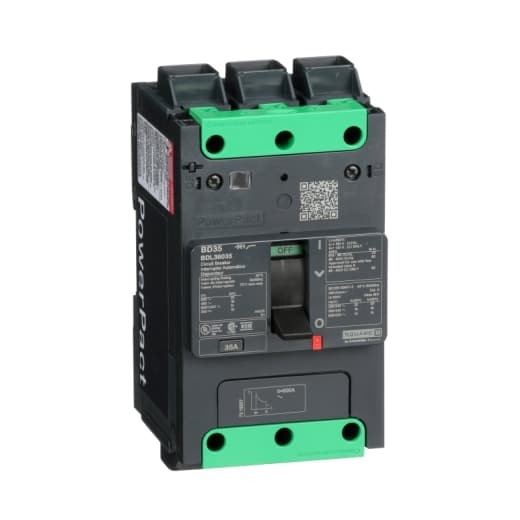 Schneider Electric BDL36035 Square D by Schneider Electric BDL36035 is a Moulded Case Circuit Breaker (MCCB) within the PowerPacT BDL sub-range, featuring a PowerPact B-Frame 100 TMD design. It is a 3-pole (3P) device with a rated current of 35A and a rated voltage of 600Vac 600Y/347Vac. The breaker is equipped with Everlink (Creep compensating) lugs on both line and load sides, ensuring a secure connection. It offers a degree of protection of IP40 and can be mounted either on a DIN rail or as an individual unit on a plate. The BDL36035 has a mechanical durability of 20,000 operations at no load and an electrical durability of 10,000 operations with load at 440Vac. Its protection settings include over-current fixed at 35A, short-circuit hold current fixed at 400A, and short-circuit trip current fixed at 600A. The device also features thermal protection for overload and magnetic protection for short-circuits, with a trip current rating of 35 AT. The frame current rating is 100 AF, and it operates via a toggle (manual) mode. The short circuit breaking rating varies with voltage, up to 25kA at 240Vac and down to 10kA at 250Vdc, according to UL489 standards. The trip unit type is thermal-magnetic (fixed) with no display. BDL36035 on Powermatic Associates