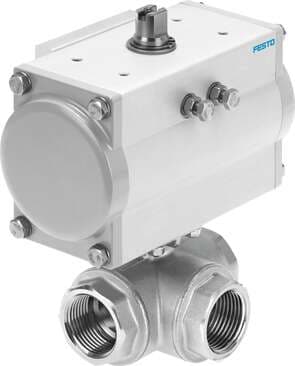 Festo 8070256 ball valve actuator unit VZBM-A-11/2"-RP-25-F-3L-B2-PA80 Brass, with double-acting actuator DFPD 3/2-way, nominal width 11/2", PN25, thread EN 10226-1. Design structure: (* 3-way ball valve, * Swivel drive), Type of actuation: pneumatic, Assembly position 8070256 on Powermatic Associates