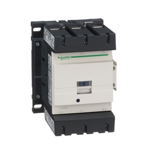 Schneider Electric LC1D150G7 Schneider Electric LC1D150G7 is a magnetic contactor from the Deca sub-range, designed with screw connections and three poles (3P; 3NO). It has a rated current of 200A for AC-1 and 150A for 440Vac in AC-3 conditions. This contactor is suitable for DIN rail mounting and has a net width of 120 mm. It offers a degree of protection rated at IP20 and operates with a control voltage (AC) range of 96-138Vac (120Vac nominal; 50Hz/60Hz; 0.8...1.15 x Uc). The rated operating voltage (Ue) is up to 1000 V, and it features 1 normally open (NO) auxiliary contact. The rated impulse voltage (Uimp) is 8 kV. Its rated active power ranges from 40kW at 220-230Vac to 100kW at 660-690Vac in AC-3 conditions. Additionally, it includes 1 normally closed (NC) auxiliary contact with contacts type of 1NO+1NC instantaneous aux. The rated power in horsepower (HP) varies from 40HP at 200-208Vac to 125HP at 575-600Vac for 3-phase, 50Hz/60Hz, UL/CSA. The mechanical durability of the LC1D150G7 is rated at 8 million operations at no load, and its electrical durability with load is 850,000 operations. The rated voltage (AC) for phase-to-phase connections is 1000 V. LC1D150G7 on Powermatic Associates