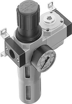 Festo 192461 service unit LFR-3/4-D-DI-MAXI-KA-A consisting of filter regulator and distributor module, with mounting brackets. With automatic condensate drain. Size: Maxi, Series: D, Actuator lock: Rotary knob with lock, Assembly position: Vertical +/- 5°, Grade of f 192461 on Powermatic Associates