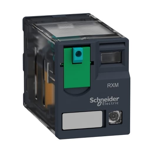 Schneider Electric RXM4AB2BD Schneider Electric RXM4AB2BD is a miniature plug-in relay within the RXM sub-range, featuring contacts made from an Ag/Ni - Silver - Nickel alloy. This relay is designed with 4C/O - 4PDT (4 Pole Double Throw) contact type, and operates with a control voltage of 24 Vdc. It is rated for a current of 6 A at both 250Vac (AC-1) and 28Vac (DC-1). The RXM4AB2BD offers plug-in mounting mode and can operate within an ambient air temperature range of -40 to +55 °C. It has an IP40 degree of protection and a current consumption of 0.038 A. This model includes a visual position indicator through an LED, consumes 0.9 W of power, and boasts an electrical durability of 100,000 operations with a resistive load, alongside a mechanical durability of 10,000,000 operations at no load. Additionally, it features a Lockable Test Button (LTB) for latching. RXM4AB2BD on Powermatic Associates