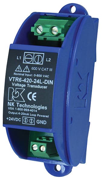NK Technologies VTR3-420-24L-DIN True RMS Voltage Transducer, 240 VAC Nominal Range,  4-20 mA VTR3-420-24L-DIN on Powermatic Associates