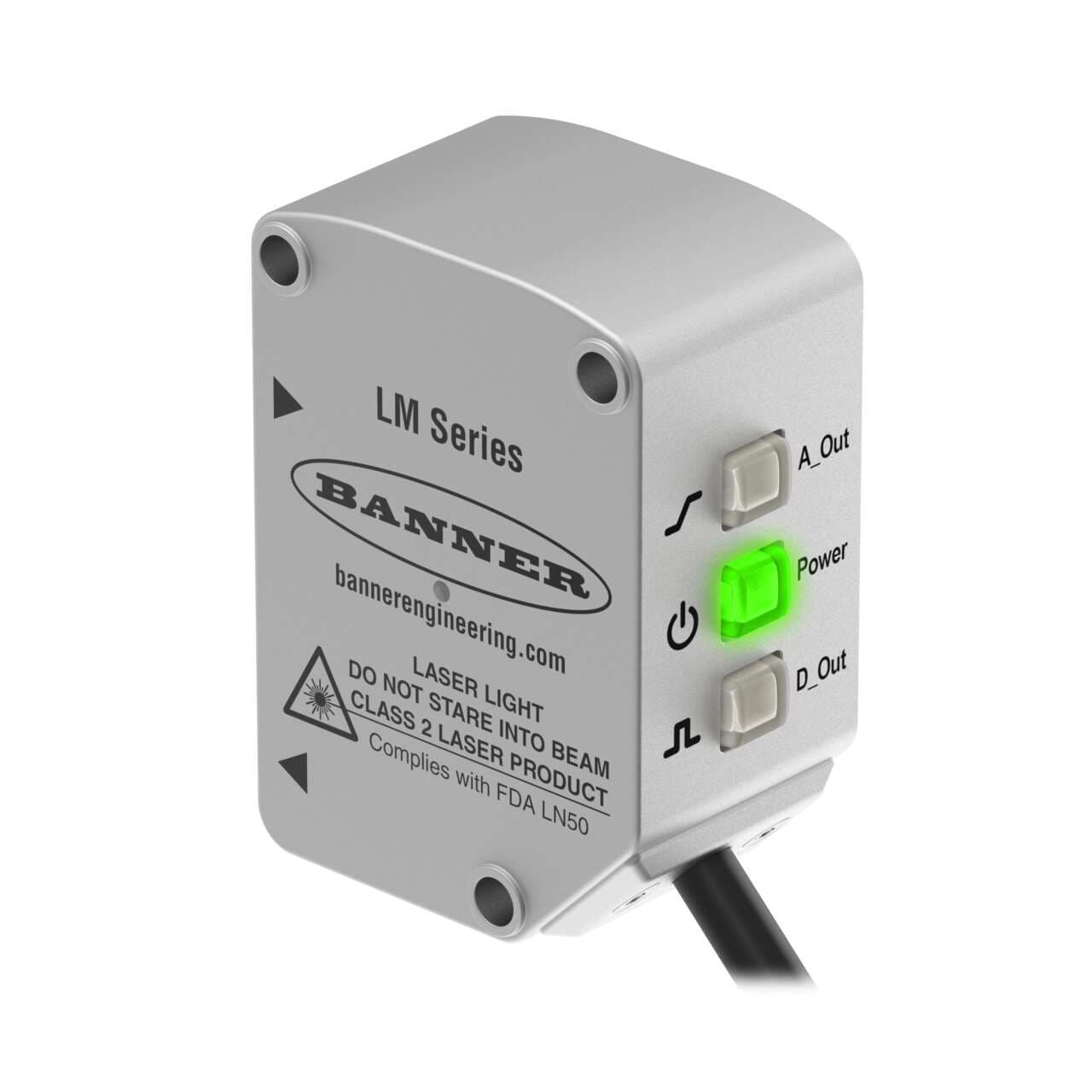 Banner LM150KIQP Laser Displacement Sensor; Range: 50-150 mm; Input: 10-30 V dc; Outputs: Analog: 4-20 mA; Discrete: Push/Pull, IO-Link; 300 mm (1 ft) M12 Pigtail QD LM150KIQP on Powermatic Associates