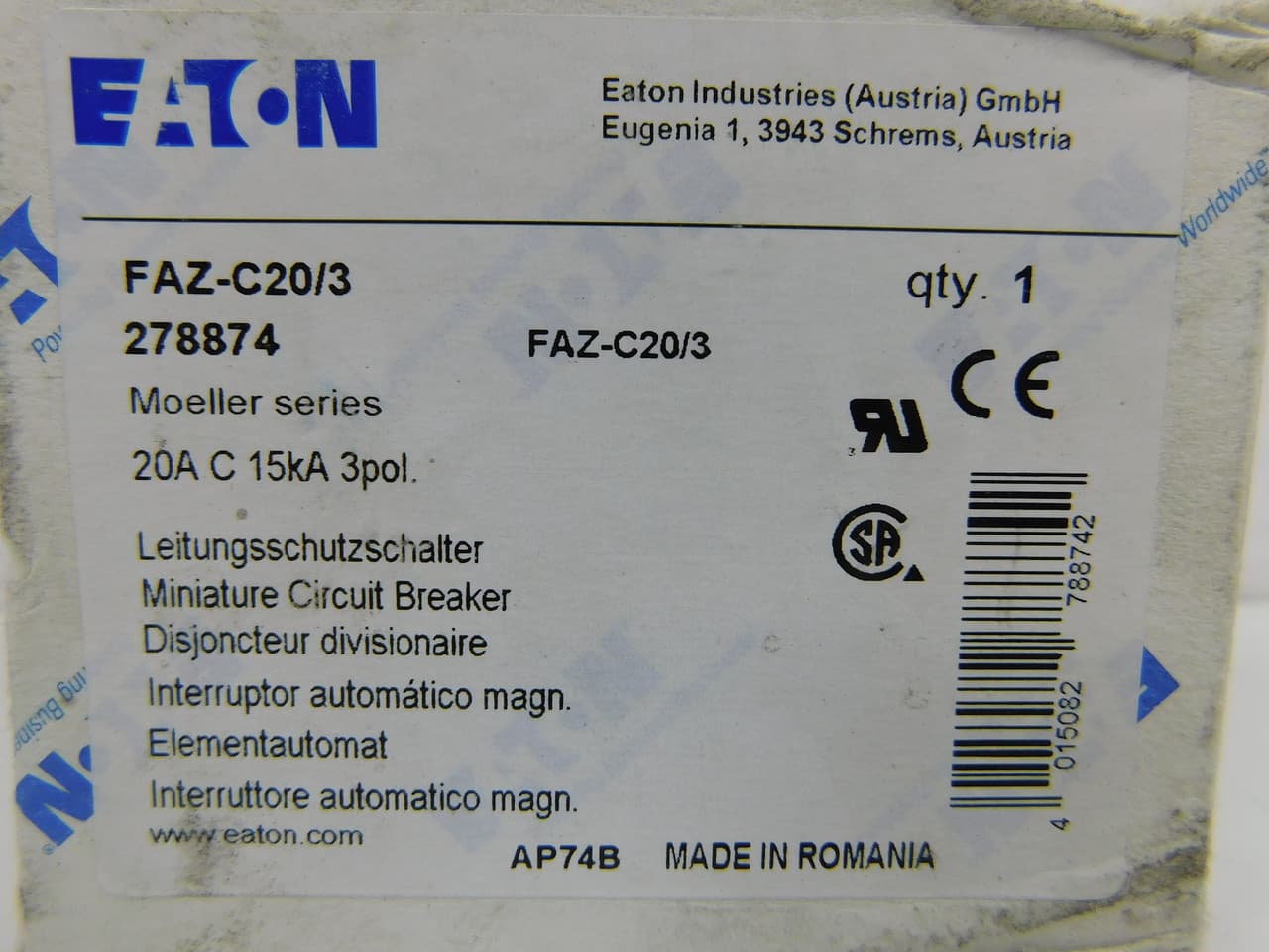 Eaton FAZ-C20/3 Eaton FAZ supplementary protector,UL 1077 Industrial miniature circuit breaker - supplementary protector,Medium levels of inrush current are expected,20 A,15 kAIC,Three-pole,5-10X /n,50-60 Hz,Standard terminals,C Curve FAZ-C20/3 on Powermatic Associates