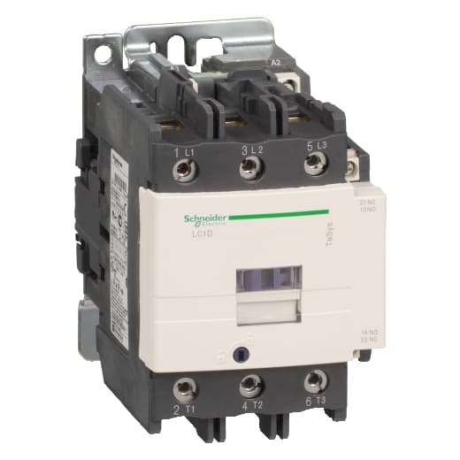 Schneider Electric LC1D95M7 Schneider Electric LC1D95M7 is a magnetic contactor from the Deca sub-range, featuring screw connections and three poles (3P; 3NO). It has a rated current of 125A (AC-1) and 95A (440Vac; AC-3), with a mounting mode designed for DIN rail installation. The net width of the contactor is 85 mm, and it offers a degree of protection rated at IP20. The control voltage (AC) ranges from 176-242Vac (220Vac nom.; 50Hz; 0.8...1.1 x Uc) to 187-242Vac (220Vac nom.; 60Hz; 0.85...1.1 x Uc), with a rated operating voltage (Ue) of 1000 V. It includes 1 normally open (NO) auxiliary contact and 1 normally closed (NC) auxiliary contact, both of the instantaneous type (1NO+1NC). The rated impulse voltage (Uimp) is 8 kV. This contactor is capable of handling rated active power ranging from 25kW (220-230Vac; AC-3) to 55kW (500Vac; AC-3), with specific ratings for various voltages up to 1000Vac. It also supports rated power (HP) for motors from 7.5HP (115Vac; single-phase) to 60HP (575-600Vac; 3-phase), under UL/CSA standards. The mechanical durability of the LC1D95M7 is rated at 4,000,000 operations, and its electrical durability (with load) is rated at 1,200,000 operations. The rated voltage (AC) for phase-to-phase connections is 1000 V. LC1D95M7 on Powermatic Associates