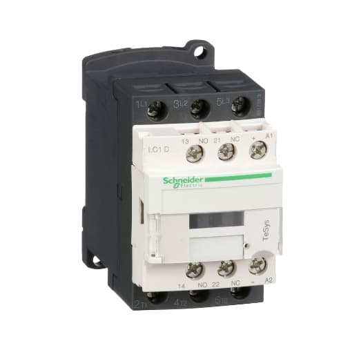 Schneider Electric LC1D126BL Schneider Electric LC1D126BL is a magnetic contactor from the Deca sub-range designed with a low-consumption coil (<2.4W) and ring-lugs connections. This 3-pole (3P; 3NO) contactor supports a rated current of 25A (AC-1) and 12A (440Vac; AC-3), and is suitable for DIN rail mounting. It features a net width of 45 mm and offers a degree of protection of IP20. The control voltage (DC) ranges from 19.2-30Vdc (24Vdc nom.; 0.8...1.25 x Uc), with a rated operating voltage (Ue) of up to 690 V. It includes 1 normally open (NO) auxiliary contact and 1 normally closed (NC) auxiliary contact, both of the instantaneous type (1NO+1NC). The rated impulse voltage (Uimp) is 6 kV, and it has a rated active power ranging from 3kW (220-230Vac; AC-3) to 7.5kW (660-690Vac; AC-3). The rated power (HP) varies from 0.5HP (115Vac; single-phase) to 10HP (575-600Vac; 3-phase), under UL/CSA standards. This contactor is designed for mechanical durability of 15 million operations at no load and electrical durability of 2 million operations with load, with a power consumption of 2.4 W. LC1D126BL on Powermatic Associates