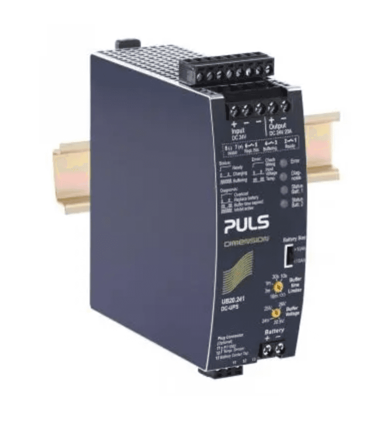 Puls UB20.241 PULS UB20.241 is an Uninterruptible Power Supply (UPS) control module from the UB-series, designed with an external battery and a green status LED. This module features a DC/DC UPS control mechanism, encased in an aluminium housing, and utilizes screw-clamp connections for secure installation. It measures W46mm x H124mm x D127mm and operates on a supply voltage range of 18Vdc to 30Vdc, with a nominal 24Vdc. The rated current is 20A at 22.5Vdc, with a capability to support 30A in buffer mode for less than 5 seconds at full output voltage. In normal mode, Output 1 can deliver 25A, and in buffer mode, it can deliver 20A/30A (720W for up to 5s). Designed for DIN rail mounting, it can operate in ambient air temperatures ranging from -40 to +70°C. The current consumption is 2.1A with a 24Vdc input, and a maximum of 2.3A. It supports a DC network type and includes visual position indicators for Ready, Buffering, Inhibit, and Replace Battery statuses. Protection functions include output overvoltage protection with typical 32Vdc and maximum 35Vdc. It allows for the construction of a system with higher output current using 2 DC-UPS, 2 individual power supplies, 2 battery modules, and 1 decoupling module. The output voltage in buffer mode is selectable between 22.5Vdc, 24Vdc, 25Vdc, and 26Vdc, with an efficiency of 0.99 at 24Vdc input. The rated power is 600W at 24Vdc and 480W/720W in buffer mode, with power dissipation/losses ranging from 1.9W to 4.8W depending on the output current. Ripple is maintained at 120mVpp across a frequency range of 20Hz to 20MHz at 50Ω. Electrical durability spans from 440,000 hours to 1,244,000 hours at 25°C, depending on the output current and operating temperature. UB20.241 on Powermatic Associates