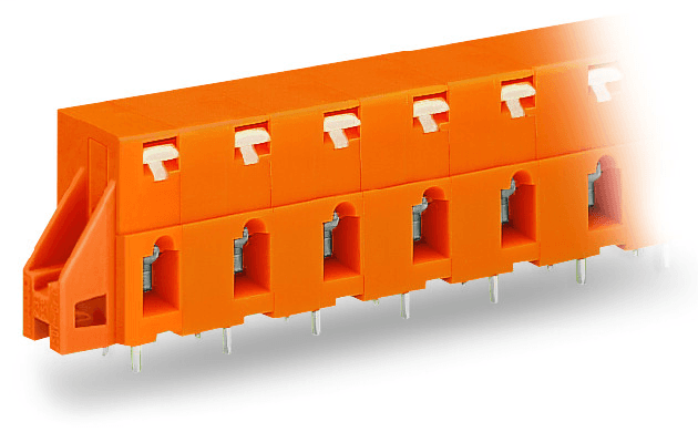 WAGO 741-626 741-626 WAGO - Through-panel PCB terminal strip; 2 solder pins/pole; 6-pole; with integrated push-buttons; pin spacing 10.16 mm / 0.4 in; with fixing flanges; orange 741-626 on Powermatic Associates