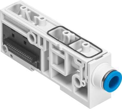 Festo 573646 power supply module VMPAL-SP-QS5/16" Width: 23,2 mm, Length: 107,3 mm, Integrated function: with electrical interlinking module, Valve terminal structure: Valve sizes can be mixed, Operating pressure: -0,9 - 10 bar 573646 on Powermatic Associates