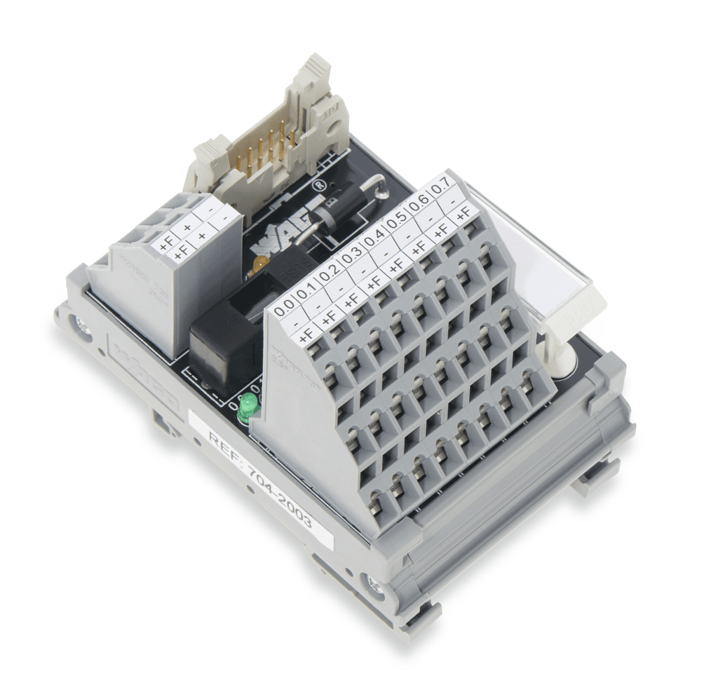 WAGO 704-2003 704-2003 WAGO - Interface module for system wiring; Pluggable connector per DIN 41651; Male connector; 10-pole; 8-channel digital input or output; 3-wire connection; in mounting carrier 704-2003 on Powermatic Associates