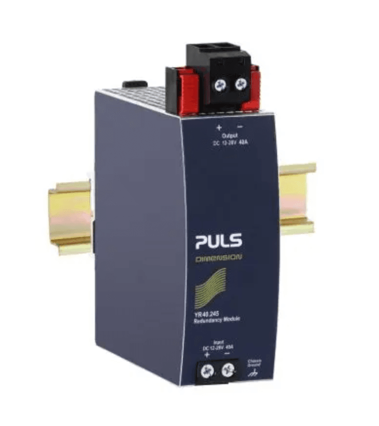 Puls YR80.242 PULS YR80.242 is a redundancy unit from the Y-series designed with a built-in decoupling MOSFET for 1+1 or N+1 redundancy and ATEX approval. It operates with a supply voltage range of 8.4Vdc to 36.4Vdc, supporting nominal voltages of 12Vdc and 24Vdc. The unit measures 46mm in width, 124mm in height, and 127mm in depth, featuring screw-clamp connections for secure installation. It is rated for a current of 80A at 28Vdc, with a derating to 2A at temperatures ranging from +60°C to +70°C. Designed for DIN rail mounting, it can operate within an ambient air temperature range of -40°C to +70°C. The YR80.242 has a peak inrush current consumption of 1500A and offers protection functions including short-circuit protection with a 44A threshold at 6V. It supports series or parallel operation for 1+1 redundancy, utilizing two identical power supplies, or N+1 redundancy with three or more power supplies, ensuring continued operation following most single power supply failures. The output voltage is maintained between 12-28Vdc, with power dissipation/losses of 2.9W for 2x20A input and 4.6W for 40A input at 8.4-36.4Vdc. Its electrical durability is rated at 499,000 hours at 40°C with a 40A output from 2x20A input, and 1,410,000 hours at 25°C with an 80A output from 2x20A input. The output stage capacitance is 320µF, with a ripple of 65mVpp across a frequency range of 20Hz to 20MHz at 50Ω. YR80.242 on Powermatic Associates