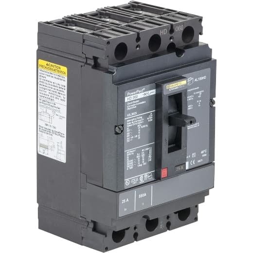 Schneider Electric HDL36030T Square D by Schneider Electric HDL36030T is a Moulded Case Circuit Breaker (MCCB) within the PowerPacT HDL sub-range. It features a removable/interchangeable trip unit PowerPact H-Frame 150 TMD with 3 poles (3P) and a rated current of 30A. This MCCB is designed for 600Vac/250Vdc with a 14kA breaking capacity and includes lugs on both load and line sides for connection. It offers thermal protection for overload and magnetic protection for short-circuit situations. The rated insulation voltage (Ui) is 750 V, with a rated voltage (AC) of 600Vac 600Y/347Vac and a rated voltage (DC) of 250Vdc. The unit is designed for individual mount on plate, with a net height of 163 mm, width of 104 mm, and depth of 86 mm. It has an IP40 degree of protection and operates with a toggle (manual) mechanism. Protection settings are fixed, with over-current at 30A, short-circuit hold current at 350A, and short-circuit trip current at 750A. The rated operating voltage (Ue) is 690 V, with a rated impulse voltage (Uimp) of 8 kV. The trip current rating is 30 AT, and the frame current rating is 150 AF. The short circuit breaking rating varies with voltage, up to 25kA at 240Vac and 20kA at 250Vdc, according to UL489 standards. The trip unit type is thermal-magnetic (fixed) without a display, and it falls under utilisation category A. HDL36030T on Powermatic Associates