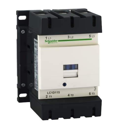 Schneider Electric LC1D115BD Schneider Electric LC1D115BD is a magnetic contactor from the Deca sub-range, designed with screw connections and three poles (3P; 3NO). It features a rated current of 200A for AC-1 and 115A for 440Vac in AC-3 conditions. This contactor is suitable for DIN rail mounting and has a net width of 120 mm. It offers a degree of protection rated at IP20 and operates with a control voltage (DC) range of 18-28.8Vdc, with a nominal 24Vdc. The rated operating voltage (Ue) is up to 1000 V, and it includes 1 normally open (NO) auxiliary contact. The rated impulse voltage (Uimp) is 8 kV. Its rated active power capacity spans from 30kW at 220-230Vac to 80kW at 660-690Vac in AC-3 conditions, with additional ratings for specific voltages. It also features 1 normally closed (NC) auxiliary contact with contacts type of 1NO+1NC instantaneous aux. The rated power in horsepower (HP) ranges from 30HP at 200-208Vac to 100HP at 575-600Vac for 3-phase, 50Hz/60Hz, UL/CSA conditions. The mechanical durability of the LC1D115BD is rated at 8 million operations at no load, and its electrical durability with load is rated at 950,000 operations. The rated voltage for phase-to-phase AC conditions is 1000 V. LC1D115BD on Powermatic Associates