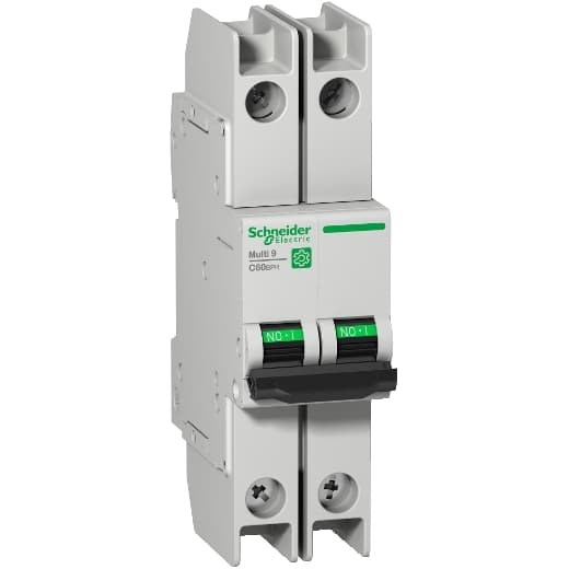 Schneider Electric M9F52206 Schneider Electric M9F52206 is a Miniature Circuit Breaker (MCB) within the C60BPR sub-range, designed with a 2 Pole configuration and a rated current of 6A. It features a rated insulation voltage (Ui) of 500 V and a rated impulse voltage (Uimp) of 6 kV. The MCB offers a short circuit breaking rating of 14kA AIR at both 120Vac and 240Vac, and 10kA AIR at 480Y/277Vac and 125Vdc. It supports a rated voltage (AC) for phase-to-phase connections up to 440 V and ensures both poles are protected. The tripping curve for this device is classified as type C. M9F52206 on Powermatic Associates