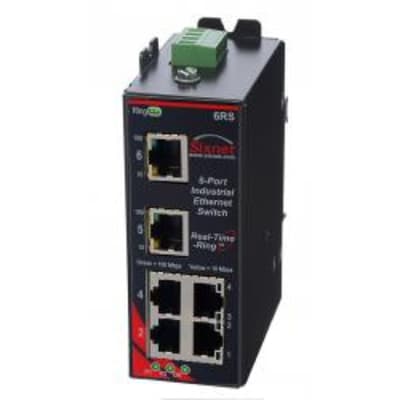 Red Lion SLX-6RS-1-D1 Red Lion SLX-6RS-1-D1 is a monitored industrial Ethernet ring switch from the Sixnet SLX series. It features a metallic case and is equipped with 6 RJ45 ports supporting 10/100BaseTX for connectivity. This switch operates on a supply voltage of 10-30Vdc, accommodating both 12Vdc and 24Vdc systems, and is designed for DIN rail mounting. It is capable of operating in ambient air temperatures ranging from -40 to +85°C. The SLX-6RS-1-D1 supports Ethernet communication protocol and includes surge protection on power inputs. Its connection capacity is 6 ports, and it utilizes Real-Time Ring Protocol with Zero-Configuration and Real-Time Modbus over Ethernet monitoring for enhanced network management. SLX-6RS-1-D1 on Powermatic Associates