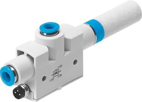 Festo 536806 vacuum generator VN-10-L-T4-PQ2-VQ2-O1-P With integrated vacuum switch. Standard, high suction rate, width 18 mm, T shape with plug connector and open silencer. Nominal size, Laval nozzle: 0,95 mm, Grid dimension: 16 mm, Design, silencer: open, Assembly p 536806 on Powermatic Associates