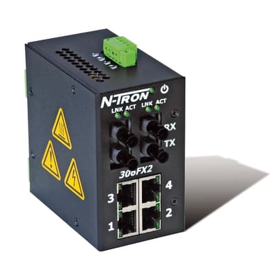 Red Lion 306FXE2-N-ST-40 Red Lion 306FXE2-N-ST-40 is an Ethernet switch designed for industrial process control with monitored Ethernet switch capabilities. It features N-View Remote Monitoring Technology and supports a supply voltage of 10-30Vdc, including redundant power inputs of 12Vdc and 24Vdc. This model includes 4 RJ45 ports supporting 10/100BaseTX and 2 fiber optic ST connectors for single-mode with a 100BaseFX rated current and a 40km rated optical fiber length. It is designed to operate within an ambient air temperature range for storage of -40 to +70 degrees Celsius. The Ethernet switch is equipped with a metallic case, utilizes DIN rail technology for mounting, and is classified under the N-Tron 300-N series with a 6-ports configuration. The rated impulse voltage (Uimp) is specified for Ethernet, indicating its operational capacity and connectivity standard. 306FXE2-N-ST-40 on Powermatic Associates