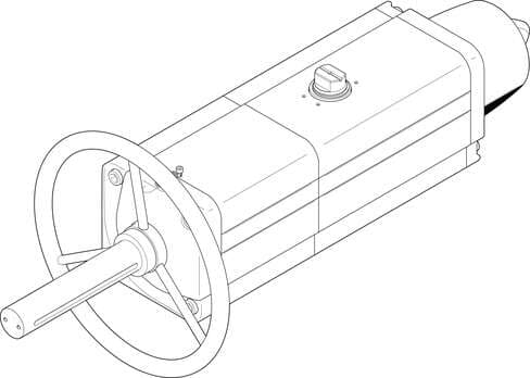Festo 8005066 semi-rotary drive DAPS-0960-090-RS1-F14-MW single-acting, air connection to VDI/VDE 3845 Namur valves, direct flange mounting, version with handwheel. Size of actuator: 0960, Flange hole pattern: F14, Swivel angle: 92 deg, Shaft connection depth: 48,5 mm, 8005066 on Powermatic Associates