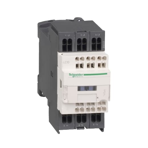 Schneider Electric LC1D093BD Schneider Electric LC1D093BD is a magnetic contactor from the Deca sub-range, featuring spring connections and designed with 3 poles (3P; 3NO). It has a rated current of 16A for AC-1 and 9A for 440Vac in AC-3 conditions. This contactor is suitable for DIN rail mounting and has a net width of 45 mm. It offers a degree of protection rated at IP20 and operates with a control voltage (DC) range of 18-30Vdc, with a nominal 24Vdc. The rated operating voltage (Ue) is up to 690 V, and it includes 1 normally open (NO) auxiliary contact. The rated impulse voltage (Uimp) is 6 kV. Its rated active power capacity spans from 2.2kW at 220-230Vac to 5.5kW at 660-690Vac in AC-3 conditions. It also features 1 normally closed (NC) auxiliary contact and instantaneous auxiliary contacts type of 1NO+1NC. The rated power in horsepower (HP) varies from 0.33HP at 115Vac to 7.5HP at 575-600Vac, covering both single-phase and 3-phase configurations under UL/CSA standards. The mechanical durability of the LC1D093BD is rated at 15 million operations at no load, and its electrical durability with load is rated at 2 million operations. The rated voltage for phase-to-phase connections is 690 V. LC1D093BD on Powermatic Associates