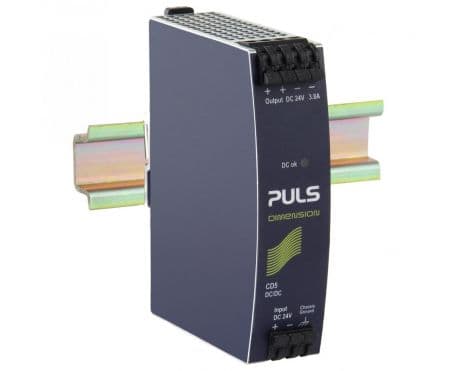 Puls CD5.241-L1 PULS CD5.241-L1 is a power supply unit designed for DIN rail mounting, featuring an aluminium housing. It operates within an ambient air temperature range of -25 to +70°C and has a net width of 32 mm. This unit consumes 4.25A current at a 24Vdc input to deliver a full 24Vdc output, with a peak inrush current of 1.6A. It boasts an efficiency of 0.905 at 24Vdc 3.8A input. The dimensions are W32mm x H124mm x D102mm. It includes a 650ms start-up delay and an 80ms rise time under nominal input with a constant full current load. The CD5.241-L1 offers protection against output overvoltage, short circuits, and allows for series or parallel operation for increased output power or 1+1 redundancy. It is capable of handling back-feeding loads up to 30V without malfunctioning, whether the power supply is on or off. The unit features reverse polarity protection, with power dissipation losses of 9.7W under a 24Vdc input and 24V output load at 3.8A. The output stage capacitance is 2200 µF. Its electrical durability ranges from 134,000 to 378,000 hours depending on the operating conditions. The ripple is maintained at 50mVpp across a 20Hz to 20MHz range. This PSU/DC/DC-Converter includes a 20% power reserve, is designed with NEC Class 2 and ATEX approval for galvanic isolation, and utilizes spring-clamp connections for connectivity. It supports a supply voltage range of 14.4Vdc to 32.4Vdc, with a 36Vdc absolute maximum continuous input voltage. The rated current is 3.8A at 24Vdc, with a rated power of 144W in ambient temperatures less than 45°C and 120W in temperatures less than 60°C. The output voltage is a fixed 24Vdc with a 500mV turn-ON overshoot, and it has a 6ms hold time at 24Vdc input. CD5.241-L1 on Powermatic Associates
