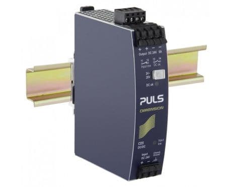 Puls CD5.241-S1 PULS CD5.241-S1 is a power supply unit designed for DIN rail mounting, featuring an aluminium housing. It operates within an ambient air temperature range of -25 to +70°C and has a net width of 32 mm. The unit consumes 5.5A current at a 24Vdc input to deliver a full 24Vdc output at 5A, with a peak inrush current of 1.6A. It boasts an efficiency of 0.902 under a 24Vdc, 5A input condition. The dimensions of this power supply unit are W32mm x H124mm x D102mm. It includes a 290ms start-up delay and a 520ms rise time under nominal input with a constant full current load. The CD5.241-S1 is equipped with protection functions including output overvoltage protection, low input voltage signalling via relay contact, and short-circuit current protection. It supports series or parallel operation for increased output power or 1+1 redundancy for higher system availability. The unit is resistant to back-feeding loads up to 30V and includes reverse polarity protection. Power dissipation/losses are 13.3 W under a 24Vdc input with a 24V output load at 5A. The output stage capacitance is 2200 µF, and the electrical durability ranges from 33,000 to 180,000 hours depending on the operating conditions. Ripple is maintained at 50mVpp. This PSU/DC-DC Converter offers a 20% power reserve and features ATEX approval, galvanic isolation, and a DC-OK relay contact output. Connection is facilitated through spring-clamp connections. The supply voltage ranges from 18Vdc to 32.4Vdc, with a rated current of 6A at 24Vdc in temperatures up to 45°C, and a rated power of 144W in ambient temperatures less than 45°C. The output voltage is adjustable between 23-28Vdc, with a 500mV turn-ON overshoot, and a hold time of 6ms at 24Vdc input. CD5.241-S1 on Powermatic Associates