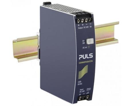 Puls CD5.241 PULS CD5.241 is a power supply unit designed for DIN rail mounting, featuring an aluminium housing and dimensions of W32mm x H124mm x D102mm. It operates within an ambient air temperature range of -25 to +70°C and has a net width of 32 mm. The unit consumes 5.5A current at a 24Vdc input to deliver a full 24Vdc output at 5A, with a peak inrush current of 1.6A. It boasts an efficiency of 0.903 at 24Vdc with a 5A input. The CD5.241 includes a 650ms start-up delay and an 800ms rise time under nominal input with a constant full current load and 0mF load capacitance. It offers protection functions such as output overvoltage protection, short-circuit protection with a minimum of 7A and a maximum of 10A continuous current, and allows for series or parallel operation for increased output power or 1+1 redundancy. The unit is capable of handling back-feeding loads up to 30V without malfunctioning, whether powered on or off, and includes reverse polarity protection. Power dissipation/losses are 12.9W under a 24Vdc input with a 24V output load at 5A, and 6.2W at 2.5A. The output stage capacitance is 2200 µF, and the electrical durability ranges from 37,000 to 185,000 hours depending on the operating conditions. It features a ripple of 50mVpp across 20Hz to 20MHz at 50Ω. This PSU/DC/DC-Converter offers a 20% power reserve, is part of the CD-series, and includes ATEX approval for galvanic isolation. Connection is facilitated via screw-clamp connections, with a supply voltage range of 18Vdc-32.4Vdc (24Vdc nominal) and 14.4-18Vdc for up to 60s. The rated current is 6A at 24Vdc from -25 to +45°C and 5A at +45 to +60°C, with a derating to 3W from +60 to +70°C. The rated power is 144W at ambient temperatures below 45°C and 120W below 60°C. The output voltage is adjustable between 23-28Vdc, with a 500mV turn-ON overshoot, and a hold time of 6ms at 24Vdc input. CD5.241 on Powermatic Associates