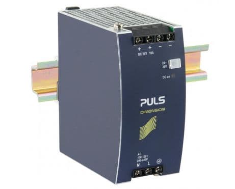 Puls CS10.241-S1 PULS CS10.241-S1 is a DIN rail mounting power supply unit with an aluminium housing designed for a wide range of industrial applications. It operates within an ambient air temperature range of -25 to +70°C and supports various current consumptions based on input voltage: 2.23A at 230Vac, 3.73A at 120Vac, and 4.34A at 100Vac, all for full 24Vdc output, with a peak inrush current of 10A across all input voltages. The unit boasts an efficiency of up to 0.916 at 230Vac input. Its dimensions are 60mm in width, 124mm in height, and 117mm in depth. The CS10.241-S1 features a start-up delay of 850ms and rise times of 35ms to 75ms depending on load capacitance. It includes protection functions such as output overvoltage protection and an active input inrush current limiter, alongside capabilities for series or parallel operation for redundancy. The power dissipation at full output load is 22W for 230Vac input and 23.7W for 120Vac input. The output stage capacitance is 7000µF, and electrical durability ranges from 34,000 to 334,000 hours depending on operating conditions. The ripple is maintained at 50mVpp. This AC/DC power supply unit, part of the C-Line series, is designed with a 20% power reserve and features a DC-OK relay contact output and spring-clamp connections. It accepts a supply voltage of 85Vac-132Vac / 184Vac-264Vac with auto-selection and has a rated current of up to 12A at 24Vdc in environments below 45°C. The output voltage is adjustable between 24Vdc and 28Vdc, with minimal turn-on overshoot, and the hold time is 47ms at 230Vac input. CS10.241-S1 on Powermatic Associates