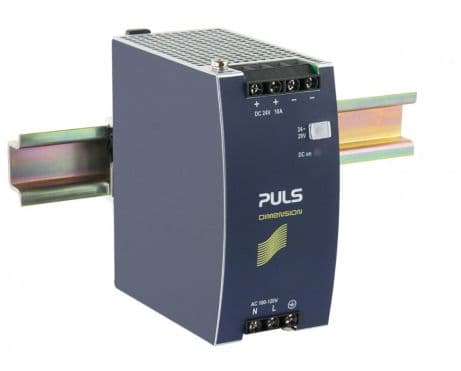 Puls CS10.243 PULS CS10.243 is a DIN rail mounting power supply unit with an aluminium housing designed for a single-phase network. It operates within an ambient air temperature range of 0 to +70°C and has a net width of 60mm. The unit consumes 3.71A with a 120Vac input and 4.32A with a 100Vac input for a full 24Vdc output, featuring a peak inrush current of 108A at 120Vac input and 90A at 100Vac input. It offers an efficiency of 0.913 at 120Vac input and 0.91 at 100Vac input. The dimensions are W60mm x H124mm x D117mm. It includes a 250ms start-up delay for 100-120Vac input, with a rise time of 35ms under nominal input at constant full current load with 0mF load capacitance and 75ms with 10mF load capacitance. The power supply unit is equipped with protection functions including output overvoltage protection, NTC for input inrush current limiting, and overload/short-circuit protection. It supports series/parallel operation for redundancy and is resistant to back-feeding loads up to 35V. Power dissipation/losses are 22.9W at 120Vac input with full output load, and the output stage capacitance is 7000µF. Electrical durability ranges from 27,000 to 281,000 hours depending on conditions. Ripple is maintained at 50mVpp across a 20Hz to 20MHz range. This AC/DC power supply unit, part of the C-Line series, features a 20% power reserve, DC-OK relay contact output, and screw-clamp connections. It accepts a supply voltage of 90Vac-132Vac (47-63Hz) with a turn-ON voltage of 82Vac and a shutdown voltage of 78Vac in steady-state. The rated current is 12A at 24Vdc for ambient temperatures less than 45°C and 10A at 24Vdc for less than 60°C, with an adjustable output voltage of 24Vdc-28Vdc. The hold time is 46ms at 120Vac input. CS10.243 on Powermatic Associates