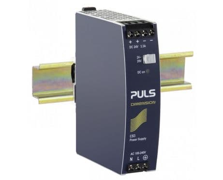 Puls CS3.241 PULS CS3.241 is a DIN rail mounting power supply unit encased in an aluminium housing, designed for a wide range of industrial applications. It operates within an ambient air temperature range of -25 to +70°C. The unit has a net width of 32mm and dimensions of W32mm x H124mm x D102mm. It features screw-clamp connections for secure installation and is capable of being powered by either a single-phase AC supply from 85Vac to 264Vac (with specific nominal voltages listed) or a DC supply from 88Vdc to 375Vdc. The CS3.241 delivers a rated current of 3.3A at 24Vdc and 2.7A at 28Vdc, with an adjustable output voltage range of 24Vdc to 28Vdc. It has a rated power of 80W and includes protection functions such as output overvoltage protection, NTC for input inrush current limiting, and overload/short-circuit protection. The unit supports series or parallel operation for redundancy, ensuring higher system availability. It also features a DC-OK relay contact output, indicating the operational status. The power supply's efficiency varies with input voltage, achieving up to 0.898 at 230Vac input. It has a start-up delay of 95ms and a rise time that varies depending on the input and load capacitance. The CS3.241 is designed for electrical durability, with operational lifespans detailed for various conditions, and includes a capacitance of 1450µF at the output stage. CS3.241 on Powermatic Associates