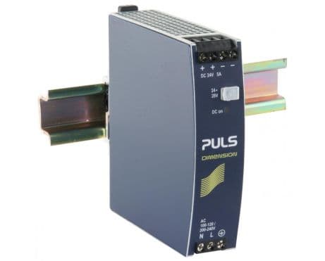Puls CS5.241-C1 PULS CS5.241-C1 is a DIN rail mounting power supply unit with an aluminium housing designed for a wide range of industrial applications. It operates within an ambient air temperature range of -25 to +70°C and offers various current consumption rates depending on the input voltage: 1.23A at 230Vac, 2A at 120Vac, and 2.33A at 100Vac, with a peak inrush current of 10A across all input voltages. The unit boasts an efficiency of 0.902 at 230Vac, 0.894 at 120Vac, and 0.888 at 100Vac. Its printed circuit board is conformal coated, enhancing its resistance to harsh environments. The dimensions are W32mm x H124mm x D117mm. It features a start-up delay of 740-900ms and rise times of 8ms and 25ms under different load capacitances. Protection functions include output overvoltage protection, active input inrush current limiter, and overload/short-circuit current protection, with capabilities for series/parallel operation for redundancy. The unit can handle back-feeding loads up to 35V without malfunctioning. Power dissipation/losses are 13.2W and 14.5W for 230Vac and 120Vac inputs, respectively, at full output load. The output stage capacitance is 1800µF. Electrical durability varies with conditions, reaching up to 408000 hours at 25°C and 2.5A output with a 230Vac input. The ripple is maintained at 50mVpp. This AC/DC power supply unit, part of the C-Line series, includes a 20% power reserve, DC-OK relay contact output, and screw-clamp connections. It supports a supply voltage range of 85Vac-132Vac / 184Vac-264Vac with auto-selection and features rated currents of 6A and 5A at 24Vdc under different ambient temperatures, with a rated power of 144W at less than 45°C ambient temperature. The output voltage is adjustable between 24Vdc and 28Vdc, with a hold time of 78ms and 80ms at 230Vac and 120Vac inputs, respectively. CS5.241-C1 on Powermatic Associates