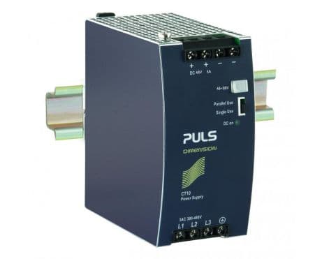 Puls CT10.481 PULS CT10.481 is a power supply unit designed for DIN rail mounting, featuring an aluminium housing. It operates within an ambient air temperature range of -25 to +70°C and has a net width of 62mm. The unit consumes 0.6A with a 3 x 480Vac input and 0.7A with a 3 x 400Vac input, both at full 48Vdc output, with a peak inrush current of 10A. It boasts an efficiency of 0.929 for 3x480Vac input and 0.928 for 3x400Vac input. The dimensions are W62mm x H124mm x D117mm. It includes a 90ms start-up delay, a 55ms rise time at nominal input with a constant full current load and 0mF load capacitance, and a 140ms rise time with 5mF load capacitance. The unit features output overvoltage protection, an active input inrush current limiter, and supports series/parallel operation for increased output power. It is resistant to back-feeding loads up to 63V. Power dissipation/losses are 18.3W for 3x480Vac input and 18.6W for 3x400Vac input at full output load. The output stage capacitance is 2400µF. Electrical durability ranges from 78,000 to 704,000 hours depending on the operating conditions. The ripple is 100mVpp (20Hz...20MHz; 50Ω). This AC/DC power supply unit/converter offers a 20% power reserve and includes a DC-OK relay contact output. It features screw-clamp connections and supports a supply voltage of 323Vac-576Vac (wide range; 3-phase input) with a rated current of 6A at 48Vdc from -25 to +45°C and 3.75A at 48Vdc from -25 to +70°C. The output voltage is adjustable between 48Vdc and 56Vdc, with a hold time of 54ms at 3x480Vac input and 34ms at 3x400Vac input. CT10.481 on Powermatic Associates