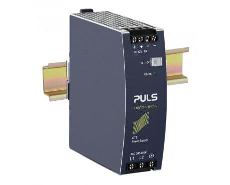 Puls CT5.121 PULS CT5.121 is a power supply unit designed for DIN rail mounting with an aluminium housing. It operates within an ambient air temperature range of -25 to +70°C and has a net width of 40mm. The unit consumes 0.56A with a 480Vac input and 0.64A with a 400Vac input for a full 12Vdc output, with a peak inrush current of 10A for both input voltages. It features an efficiency of 0.858 at 480Vac input and 0.854 at 400Vac input. The dimensions are W40mm x H124mm x D117mm. It includes a 75ms start-up delay and a rise time of 50ms under nominal input with a constant full current load and 0mF load capacitance, extending to 85ms with 8mF load capacitance. The unit is equipped with protection functions including output overvoltage protection and an active input inrush current limiter, supporting overload/short-circuit conditions with a continuous current of max. 15A. It allows for series/parallel operation to increase output power, with a back-feeding load resistance up to 25V. Power dissipation losses are 15.9W and 16.4W for 480Vac and 400Vac inputs, respectively, under full output load. The output stage capacitance is 5200µF. Electrical durability ranges from 51,000 to 430,000 hours, depending on operating conditions. Ripple is maintained at 100mVpp across a 20Hz to 20MHz range. This AC/DC power supply unit, part of the CT-series, features a DC-OK relay contact output and screw-clamp connections. It supports a wide supply voltage range of 323Vac to 576Vac, with various shutdown voltages based on load conditions. The rated current is 8A at 12Vdc within a -25 to +60°C range, adjusting with temperature and output voltage. The rated power is 96W, with an adjustable output voltage of 12Vdc to 15Vdc and minimal turn-on overshoot. Hold time is specified at 63ms and 43ms for 480Vac and 400Vac inputs, respectively. CT5.121 on Powermatic Associates