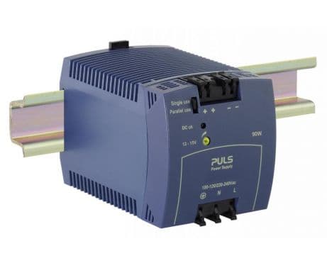 Puls ML100.102 PULS ML100.102 is a power supply unit (PSU) / converter designed for AC/DC applications with DIN rail mounting. It operates within an ambient air temperature range of -10 to +70°C and offers a rated current of 7.5A at 12Vdc. This unit features spring-clamp connections for secure and efficient connectivity. It supports a wide range of supply voltages, including AC inputs from 85Vac to 132Vac and 184Vac to 264Vac across various nominal values (100Vac, 110Vac, 120Vac, 200Vac, 208Vac, 220Vac, 230Vac, 240Vac) with auto-selection and a frequency range of 47-63Hz, as well as DC inputs from 213Vdc to 377Vdc (220Vdc, 250Vdc nominal). The ML100.102 is housed in a PC / ABS blend, ensuring durability, and measures W72.5mm x H75mm x D103mm. It is suitable for single-phase (1AC) or DC networks, with a net width of 72.5 mm. The unit's rated power is 90W, and it provides an adjustable output voltage range of 12Vdc to 15Vdc. It incorporates an NTC for input inrush current limiting, achieves an efficiency of 0.885 with a 230Vac input, and has a maximum inrush current consumption of 22A at 120Vac input and 37A peak at 230Vac input. Power dissipation/losses are calculated at 11.7 W, and it maintains a ripple of 50mVpp across a frequency range of 20Hz to 20MHz at 50Ω. ML100.102 on Powermatic Associates