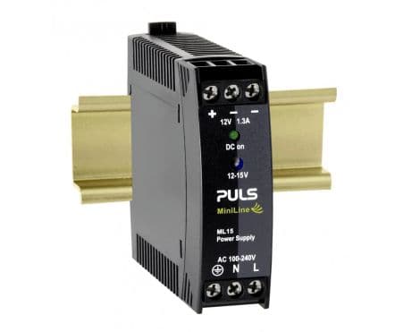 Puls ML15.121 PULS ML15.121 is a power supply unit (PSU) / converter designed for AC/DC applications with DIN rail mounting. It operates within an ambient air temperature range of -10 to +70°C and is classified as NEC Class 2. This unit provides a rated current of 1.3A at 12Vdc and features screw-clamp connections for secure installation. It supports a wide supply voltage range from 85Vac to 264Vac (with specific nominal values listed) and from 88Vdc to 375Vdc, accommodating both single-phase (1AC) or DC networks. The ML15.121 measures 22.5mm in width, 75mm in height, and 91mm in depth, housed in a PC / ABS blend for durability. It delivers an adjustable output voltage between 12Vdc and 15Vdc, with a rated power of 15W. Protection is provided by an NTC (input inrush current limiter), and the unit boasts an efficiency rate of up to 0.83 depending on the input voltage. It has a maximum inrush current consumption of 31A (at 230Vac input), a start-up delay of 780ms, and a rise time of 12ms. Power dissipation is calculated at 3.2W, with an electrical durability of 125,000 hours at +40°C. The output stage features a ripple of 75mVpp and a capacitance of 1650µF. ML15.121 on Powermatic Associates