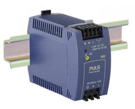 Puls ML30.102 PULS ML30.102 is a power supply unit (PSU) / converter designed for AC/DC applications with DIN rail mounting. It operates within an ambient air temperature range of -10 to +70°C and features a NEC Class 2 design for very low output noise. The unit provides a rated current of 2.5A at 12Vdc and utilizes spring-clamp connections for connectivity. It supports a wide supply voltage range from 85Vac to 264Vac (with specific nominal values across 100Vac to 240Vac at 47-63Hz, including a 46Vac turn-ON voltage and a 44Vac shutdown voltage) and from 88Vdc to 375Vdc (with nominal values including 100Vdc to 250Vdc). The ML30.102 is housed in a PC / ABS blend and is suitable for single-phase (1AC) or DC networks. It measures 45mm in width, 75mm in height, and 91mm in depth. The rated power is 30W, and the output voltage is adjustable between 10-12Vdc, with a 250mV turn-ON overshoot. It includes protection functions such as NTC for input inrush current limiting. The efficiency is rated at 0.84 with a 230Vac input, and it has a current consumption of 17A max. inrush at 120Vac input and 35A peak max. inrush at 230Vac input. Power dissipation/losses are calculated at 5.8W, and the ripple is specified at 10mVpp over a frequency range of 20Hz to 20MHz at 50Ω. ML30.102 on Powermatic Associates